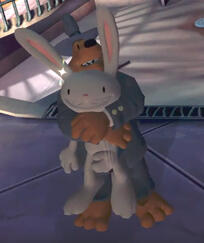 Sam and Max from Sam & Max, Sam is holding Max up off the ground in a hug.