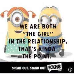 Two minions standing next to eachother. The text reads "We are both the girl in the relationship. That's kinda the point."