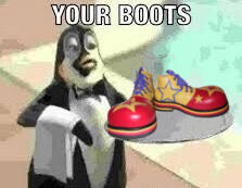 a penguin dressed as a waiter holds out a platter with clown shoes on it